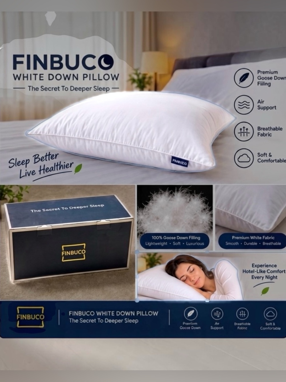 NIB Pair FINBUCO Pure White Down Queen Pillows 23oz 100% Cotton w/ Pillowcase